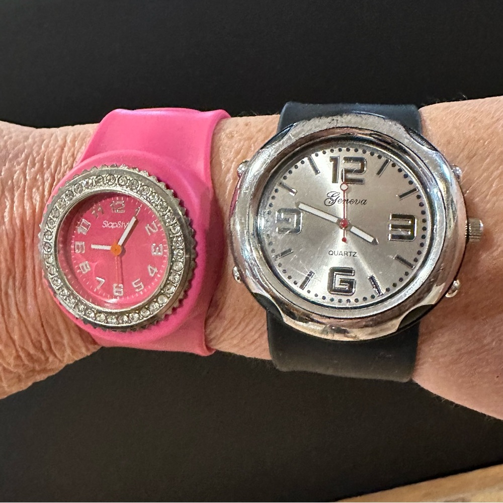 Pink and black snap wrist watches, set of two